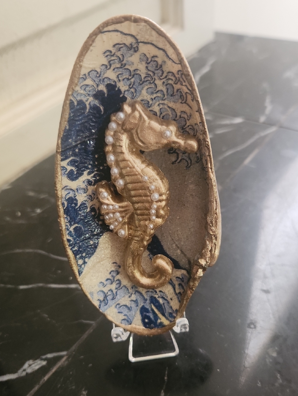 ONE OF A KIND EMBELLISHED SEASHELL WITH GOLD SEAHORSE